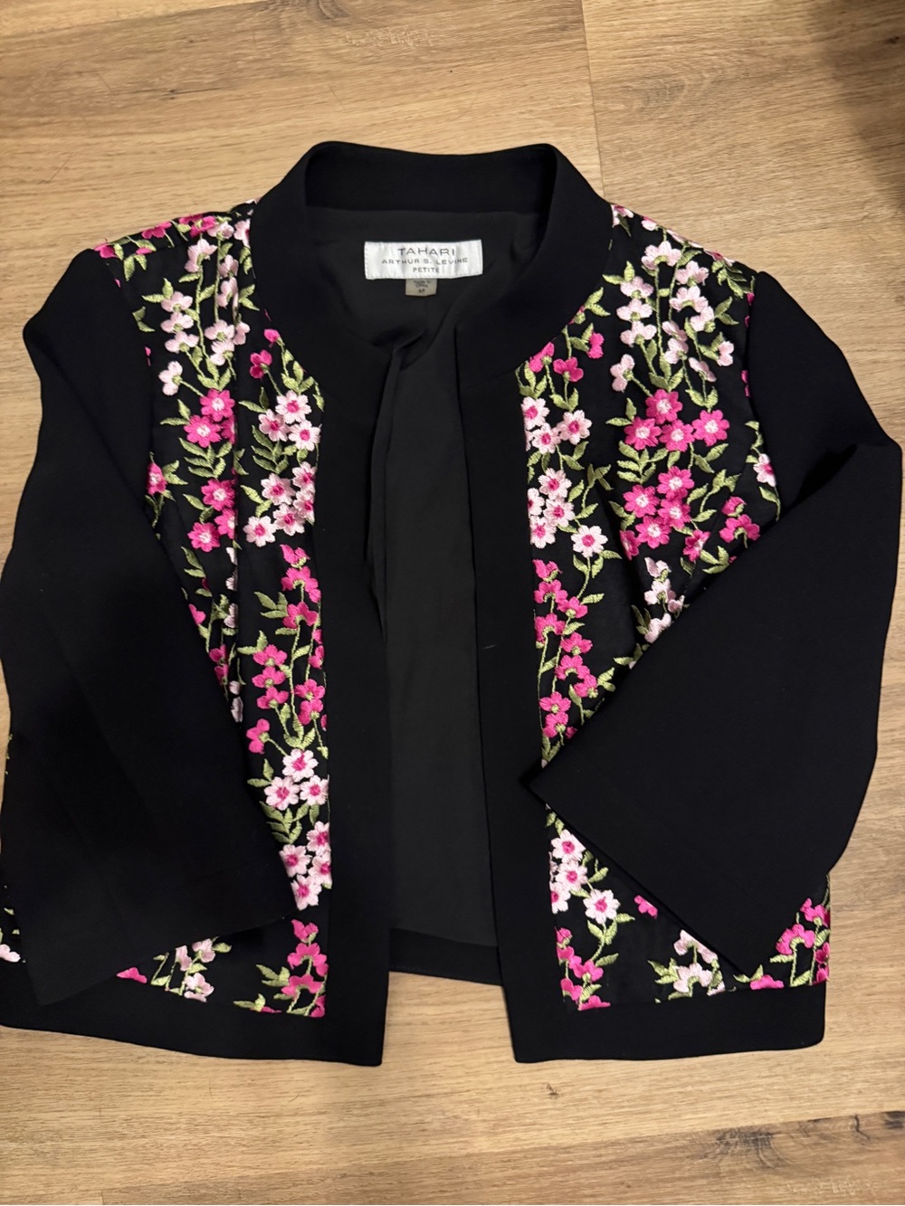 Tahari Black Jacket with Pink & White Floral Embroidery